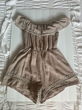 In the Beginning Off-Shoulder Lace-Trim Women's Romper — Taupe